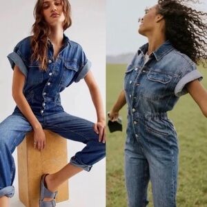 We the Free Denim Coverall Jumpsuit Blue Short Sleeve Large